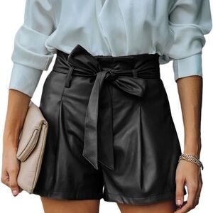Faux Leather High-Waist Belted Women’s Shorts — Black